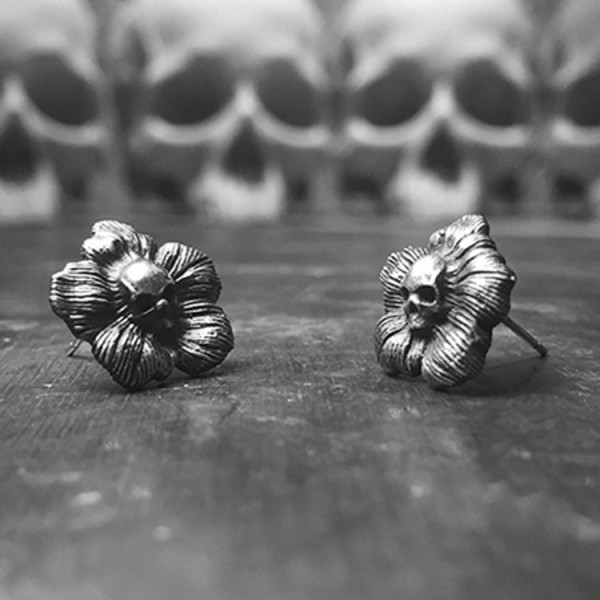 Poppy flower skull ear nail 925 sterling silver Poppy flower skull earring FCS23