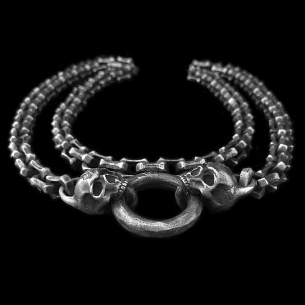 Skull Set head chain Silver Double skull Pendant Necklace SSN24