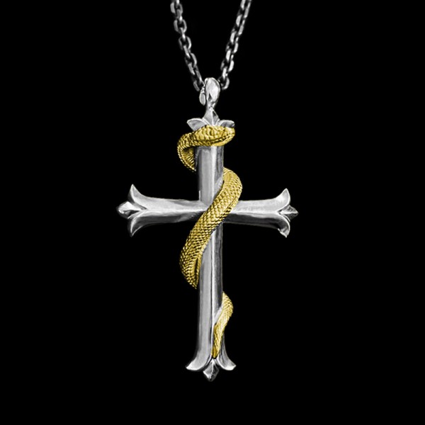 24K gold snake 925 silver cross pendant thick gilt gold cross necklace