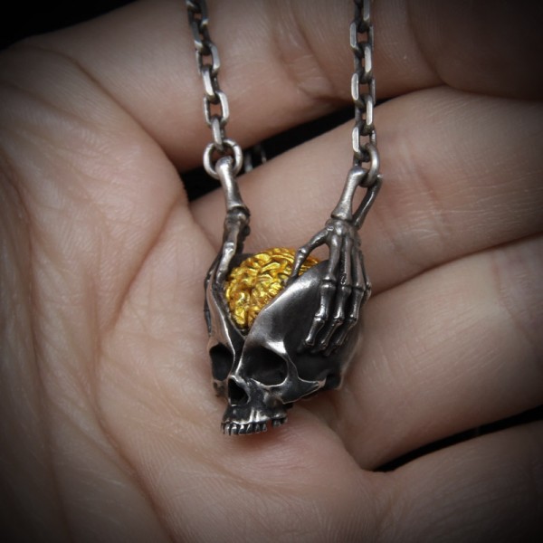 Brain of the God of Wisdom Gold Skull necklace 925 Sterling silver Skull pendant 